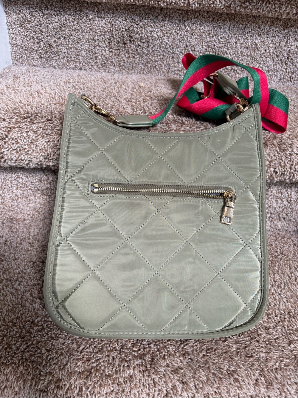 Non branded Women’s Quilted Olive Crossbody Bag with Striped Strap